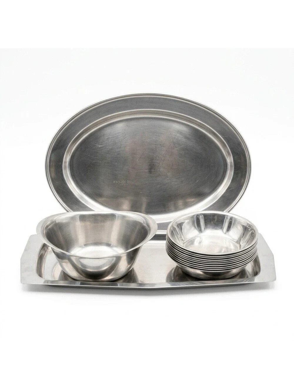 Vintage Stainless Steel Japan Serving Tray Platter & Bowl Lot 15 Pieces